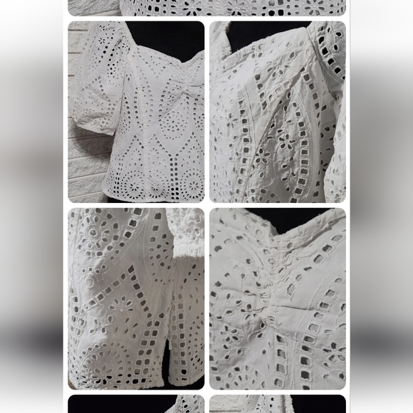 H&M Womens Lg White Floral Eye Lit  Short Sleeve Spring Summer Top - Picture 4 of 5